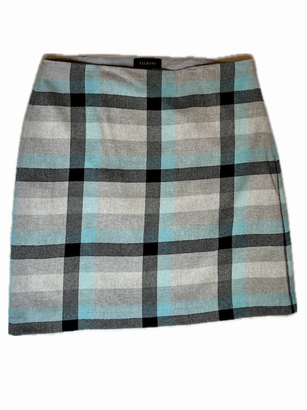 Talbots Women’s Cream, Gray & Blue Plaid A-Line Skirt Wool Blend